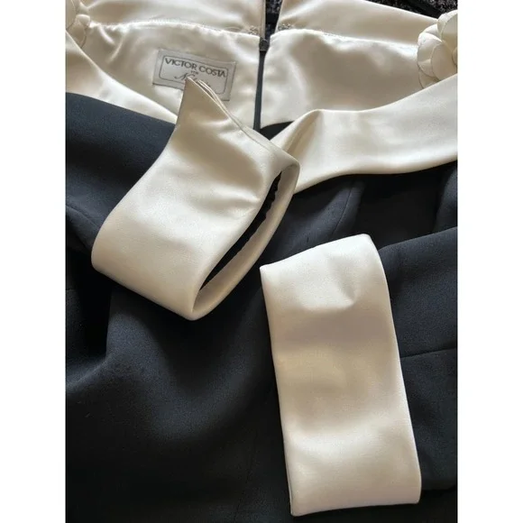 80s Victor Costa Nahdree Evening Dress Size 8 Black White Flower Off Shoulder - Picture 6 of 15